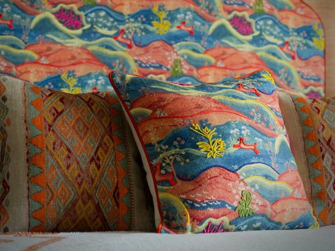 Vibrant embroidered landscape cushion Vibrant Embroidered Landscape Cushion -Andrew Martin Store 1095847 meadow multi fabric chloe headboard freida sunset cushion close up sml