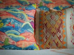 Vibrant Embroidered Landscape Cushion 5 Vibrant Embroidered Landscape Cushion -Andrew Martin Store 1095848 meadow multi freida cushion close up sml