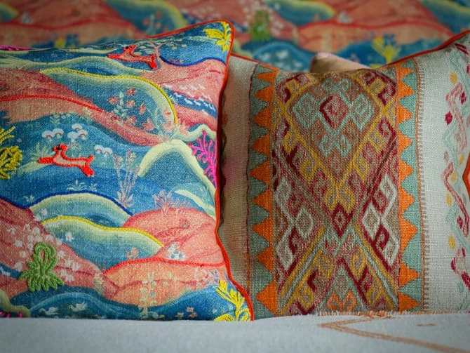 Vibrant embroidered landscape cushion Vibrant Embroidered Landscape Cushion -Andrew Martin Store 1095848 meadow multi freida cushion close up sml