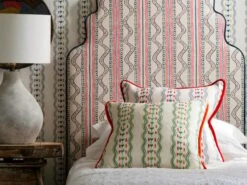 Cushion In Vivid Green Stripes -Andrew Martin Store 1095906 hearty periwinkle wallpaper headboards in flow pink cushions in hearty denim emerald zen table lamp close up sml