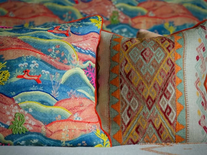 Vibrant embroidered landscape cushion Vibrant Embroidered Landscape Cushion -Andrew Martin Store 1095938 meadow multi freida cushion close up sml