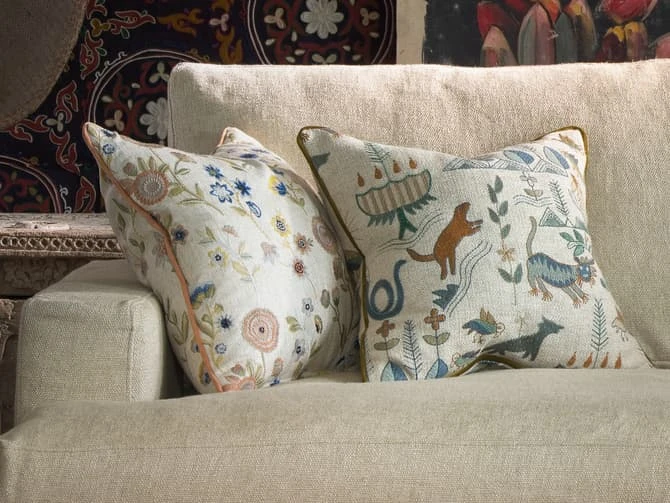 Embroidered cushion in fable linen in woodland Embroidered Cushion In Fable Linen In Woodland -Andrew Martin Store 128356 fable woodland and scout forest cushion strand in shuttle natural yurt ember backdrop sml