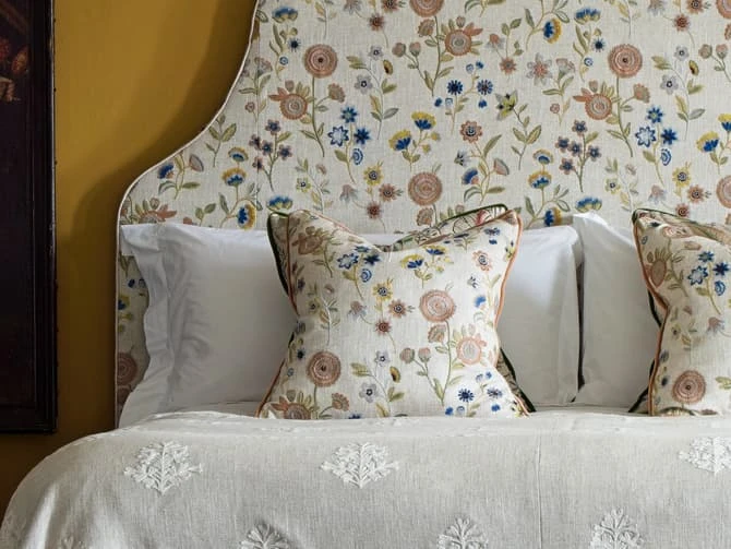 Embroidered cushion in fable linen in woodland Embroidered Cushion In Fable Linen In Woodland -Andrew Martin Store 128357 fable woodland cushion headboard alba ivory throw lifestyle sml