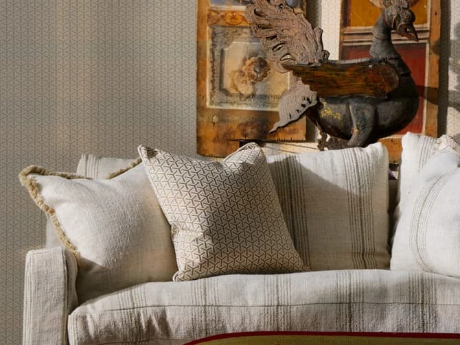 Two-tone herringbone cushion in ecru Two-tone Herringbone Cushion In Ecru -Andrew Martin Store 151580 runaway sofa in atrani stripe taupe with osphie paterson cushions constantine stool in turkish victoria chairs in scout forest barnaba stone close 2 sml