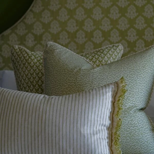 Bud Leaf Fabric Bud Leaf Fabric -Andrew Martin Store 257168 sprig leaf on headboard with bud pollen and picket leaf cushions with desert island trim in palm