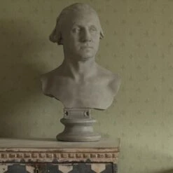 Crocus Leaf Wallpaper -Andrew Martin Store 308799 bust in front of crocus leaf wallpaper